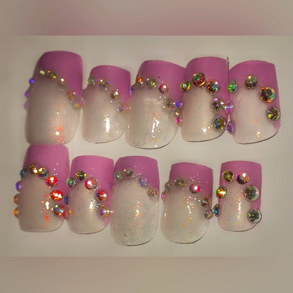 Pink French with Rinestones Press on Nails & Top Coat - Picture 3 of 4